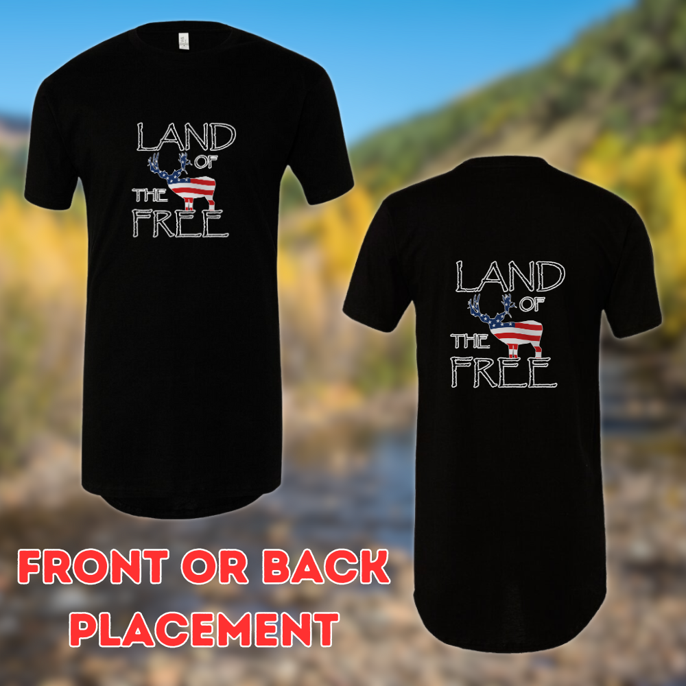 Athletic tall patriotic deer hunting t-shirt, American flag colored big buck with the words
