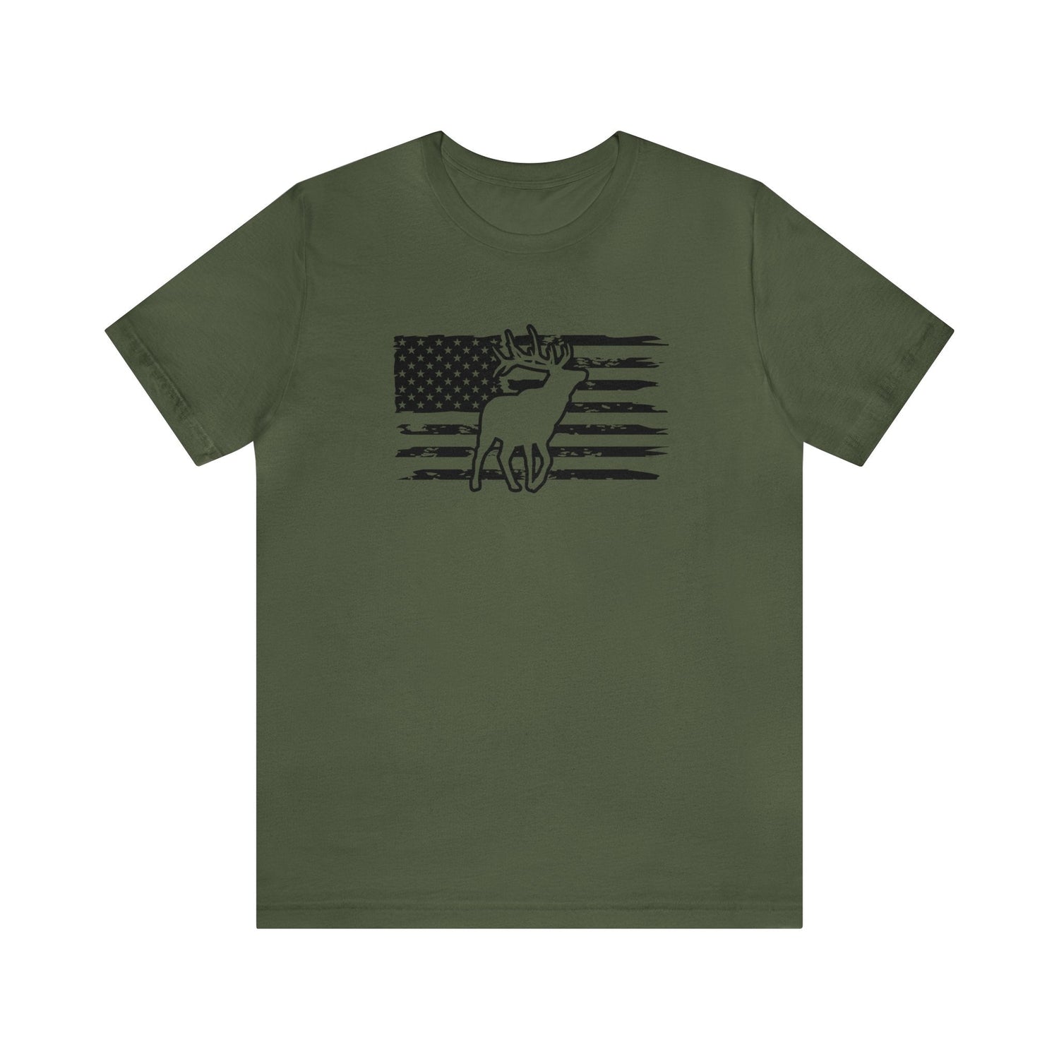 Western elk hunting t-shirt, color military green, front design placement