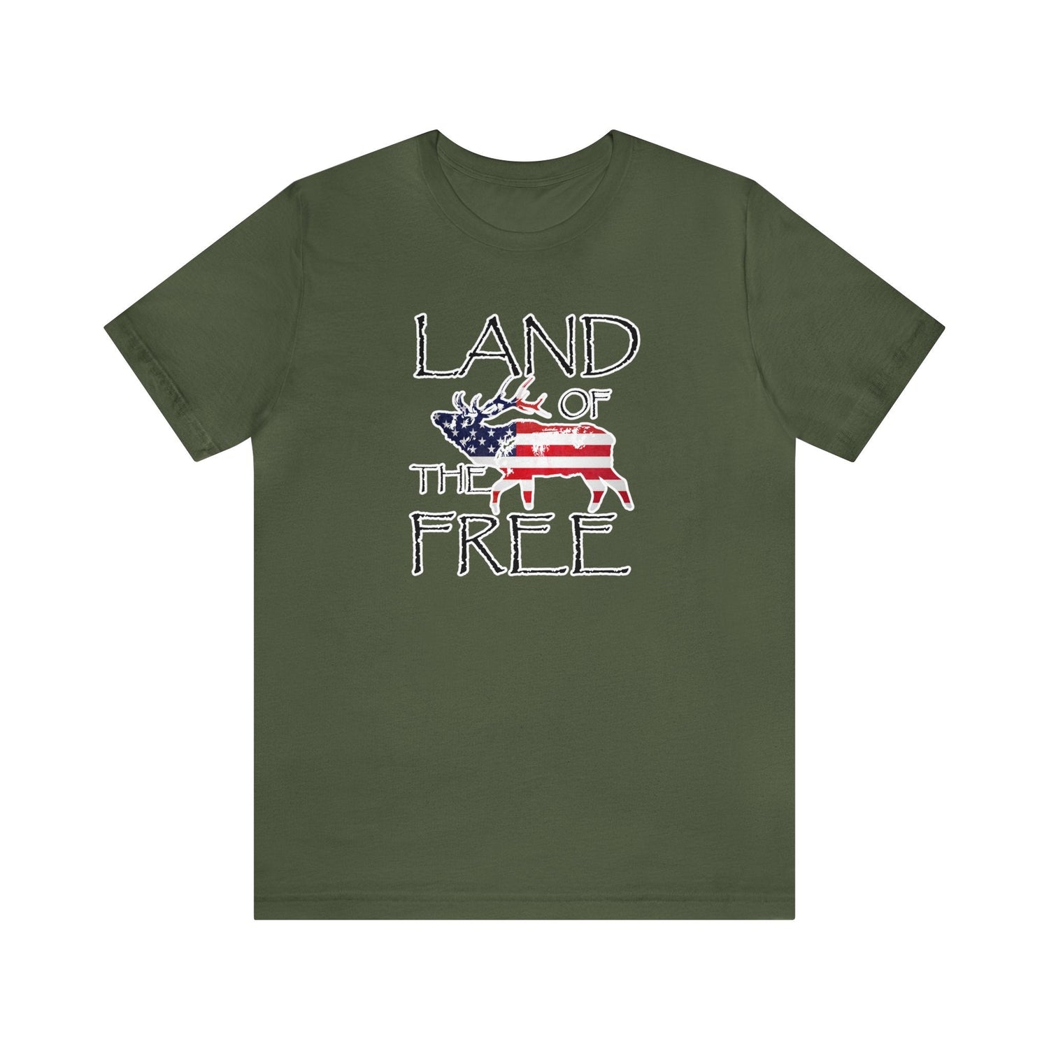 Western elk hunting t-shirt, color military green, front design placement