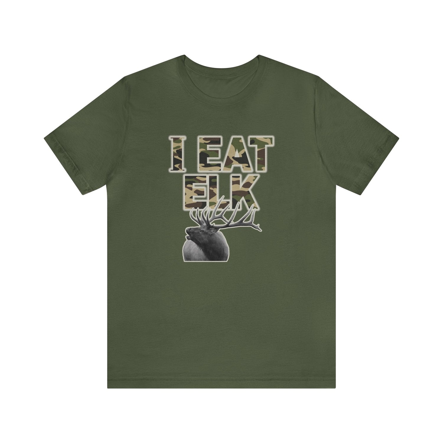 Western elk hunting t-shirt, color military green, front design placement
