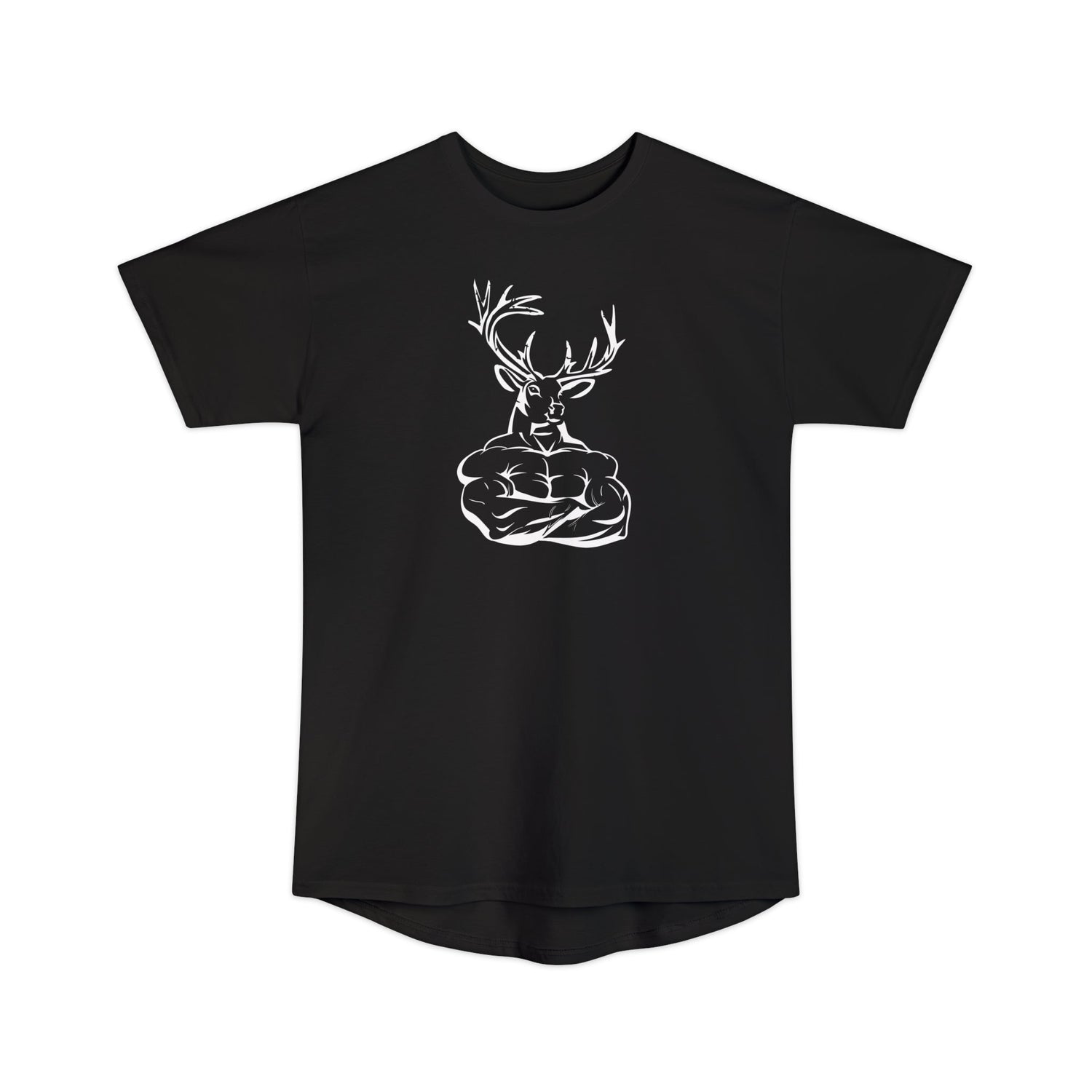 Athletic tall deer hunting t-shirt, color black, front design placement