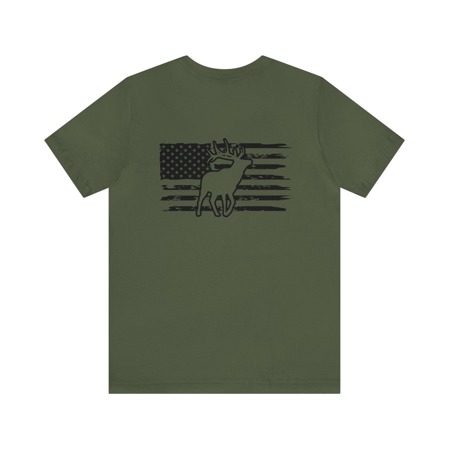 Western elk hunting t-shirt, color military green, back design placement