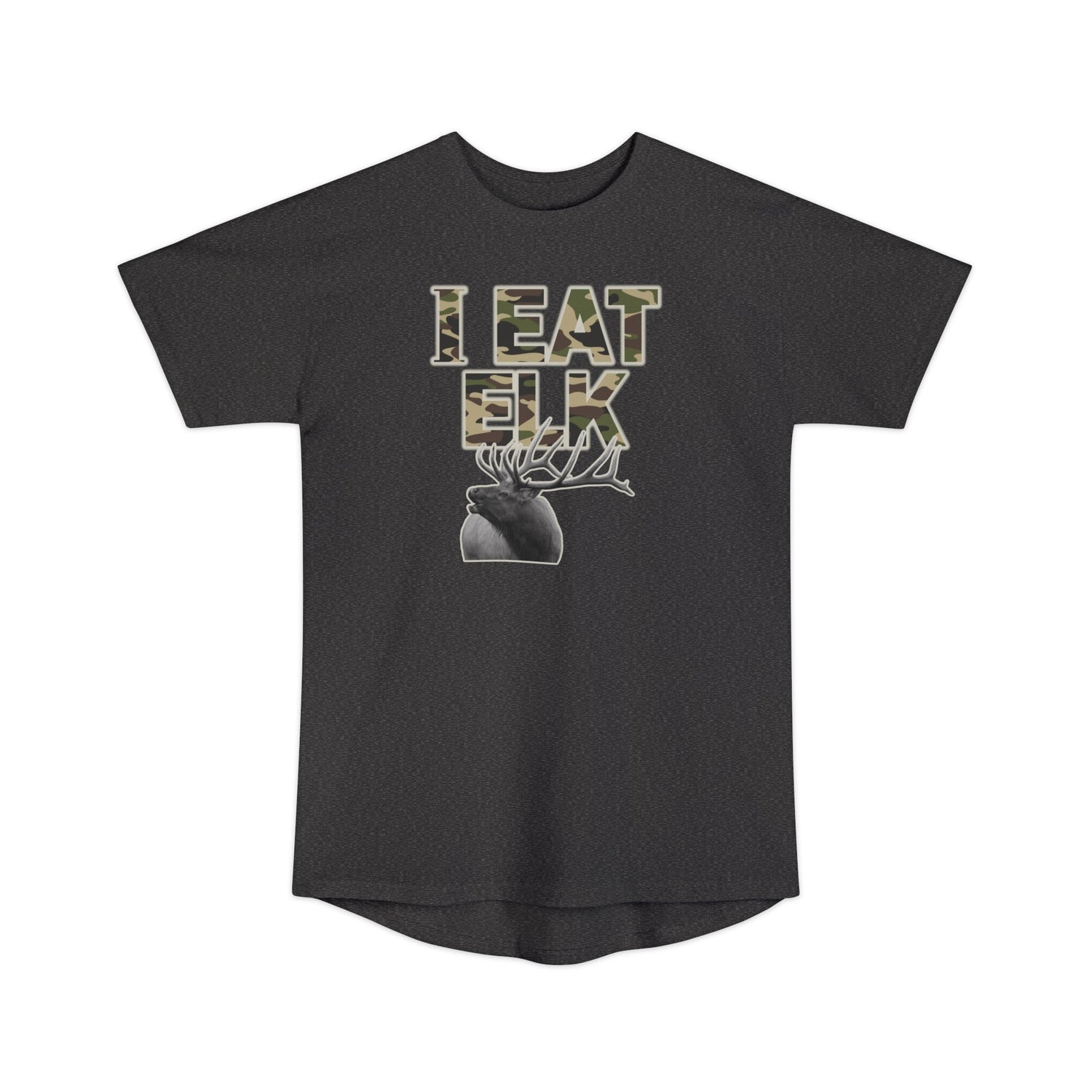 Athletic tall elk hunting t-shirt, color dark grey, front design placement