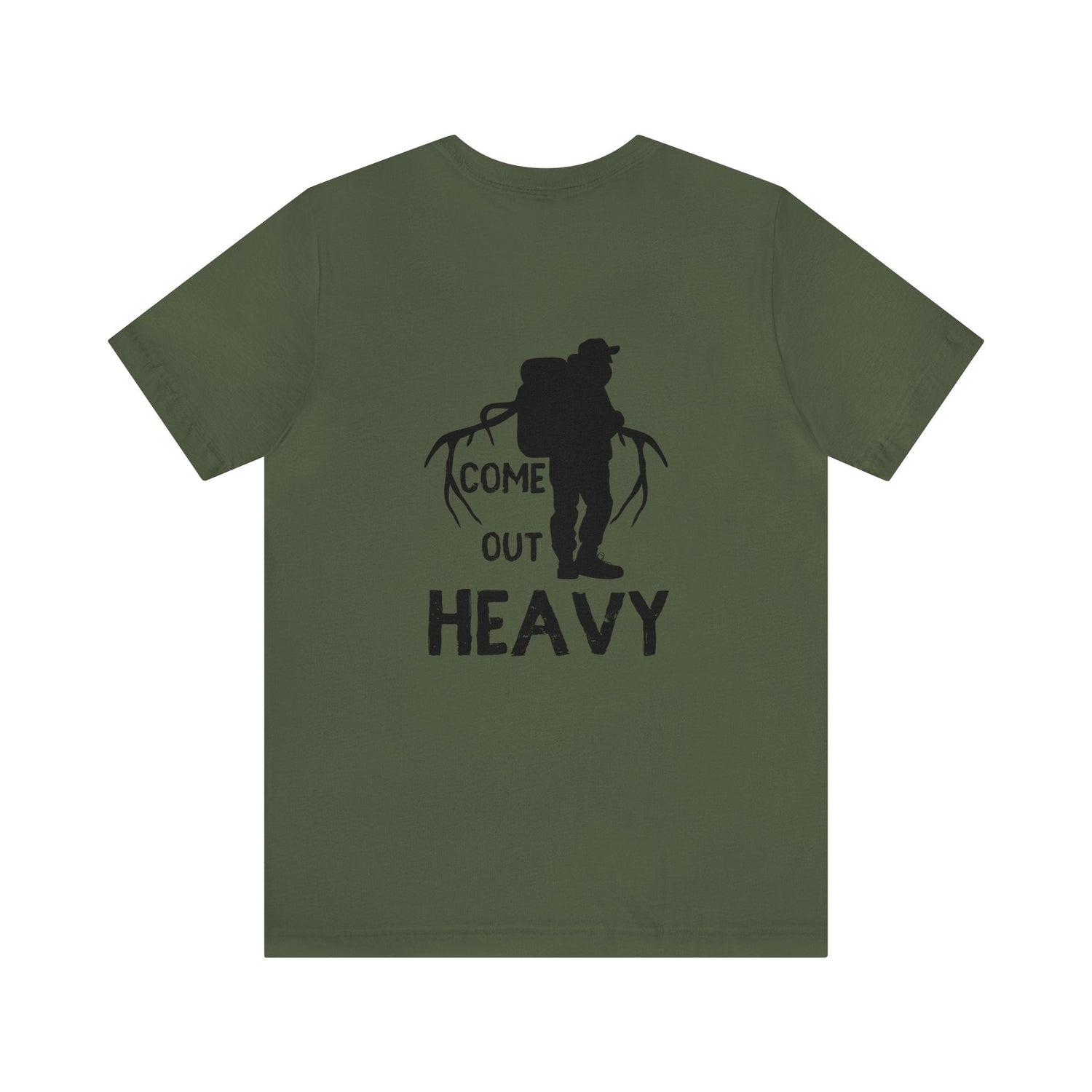 Western elk hunting t-shirt, color military green, back design placement
