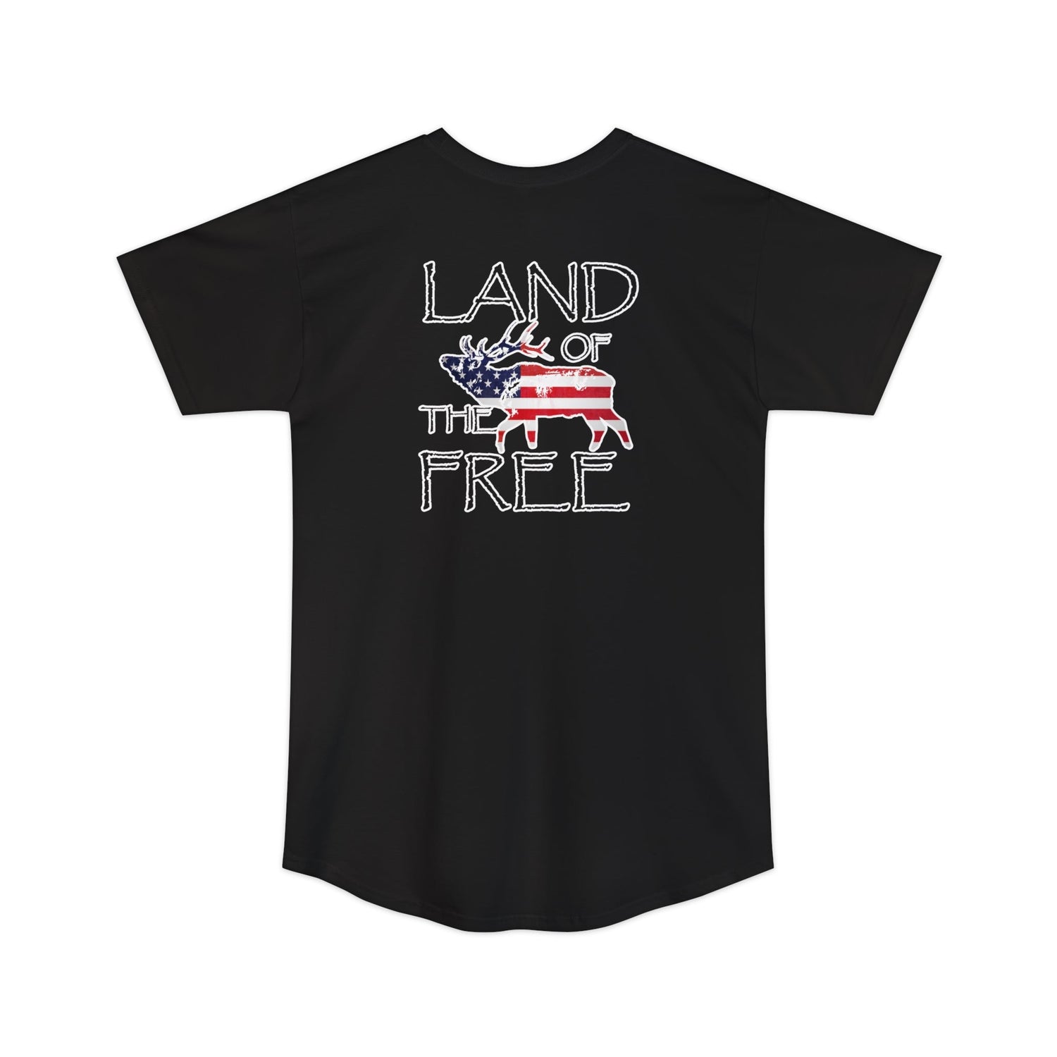 Athletic tall patriotic elk hunting t-shirt, color black, back design placement