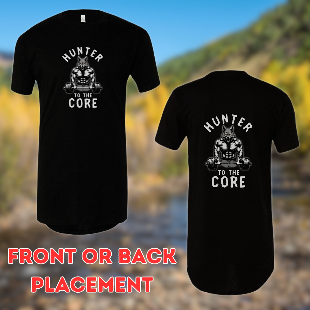 Athletic tall hunting t-shirt, alpha wolf lighting weights with the words 