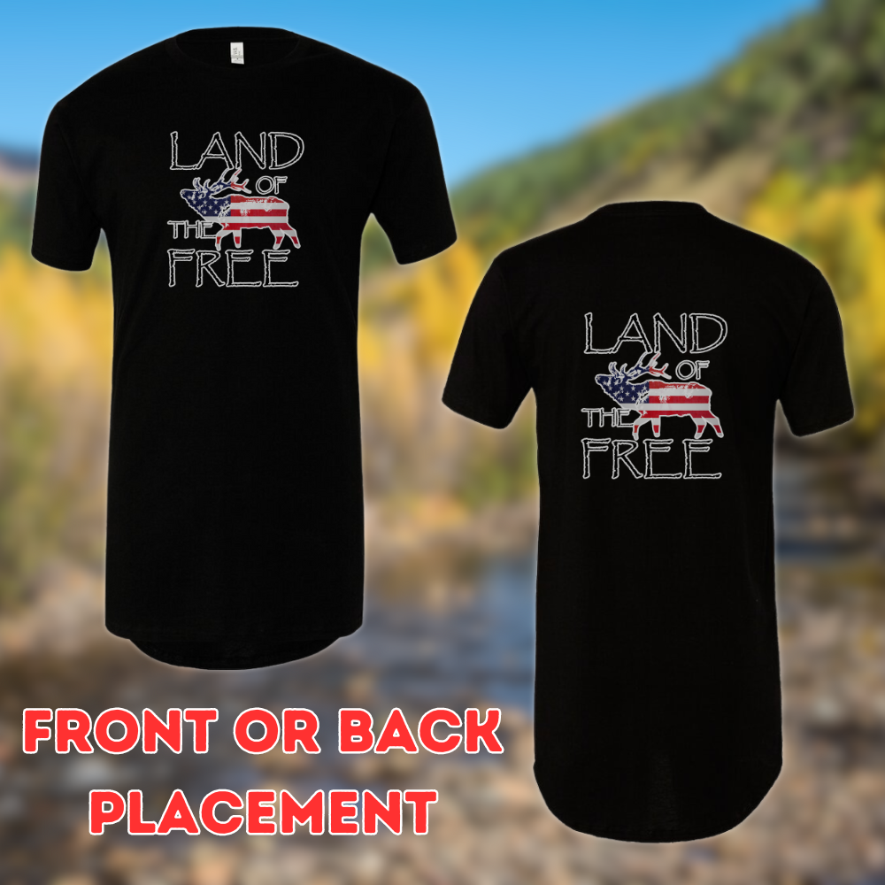 Athletic tall patriotic elk hunting t-shirt, Design shows an American flag colored bugling elk with the words 