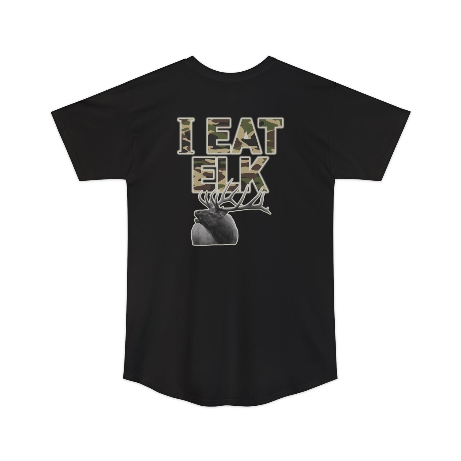 Athletic tall elk hunting t-shirt, color black, back design placement