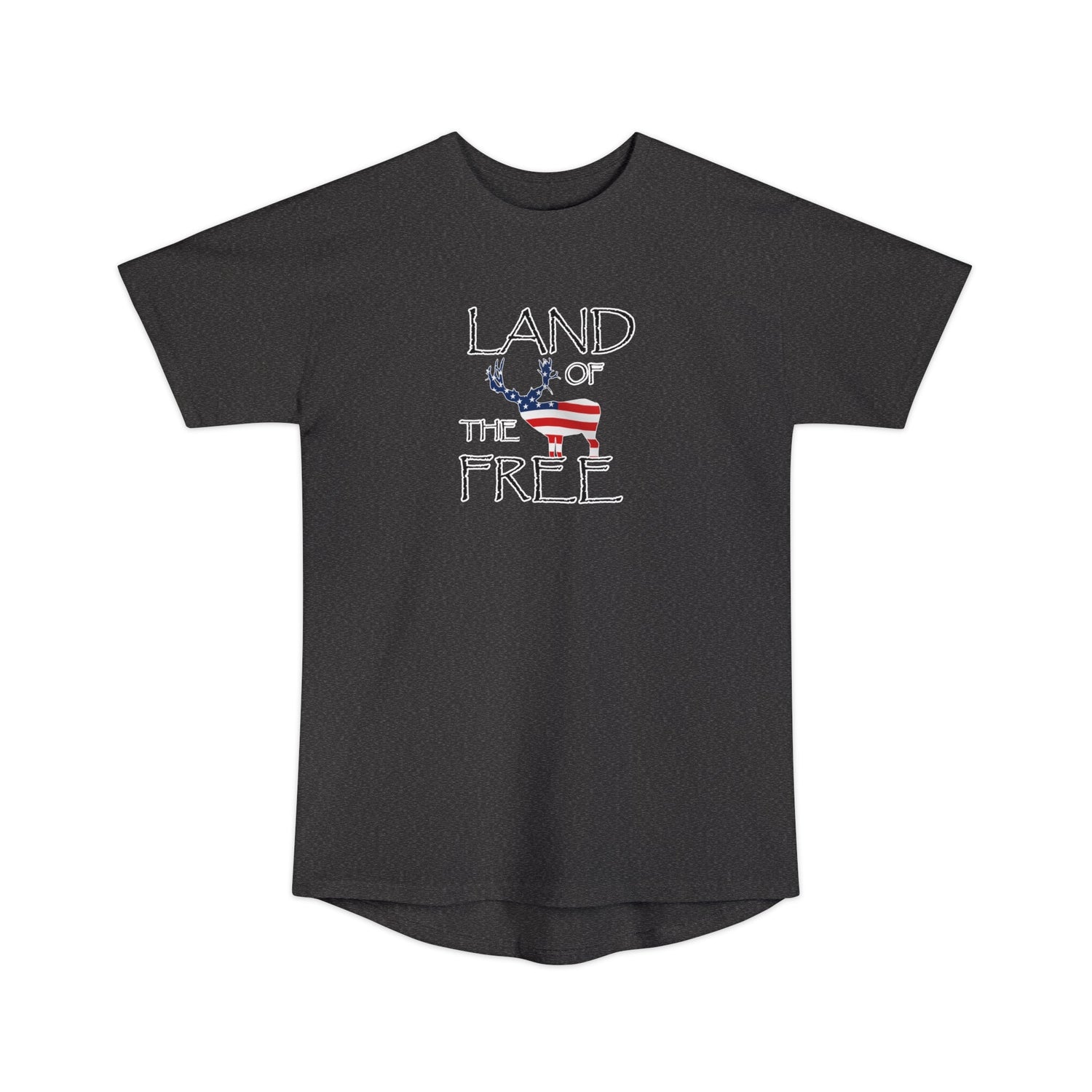 Athletic tall patriotic deer hunting t-shirt, color dark grey, front design placement