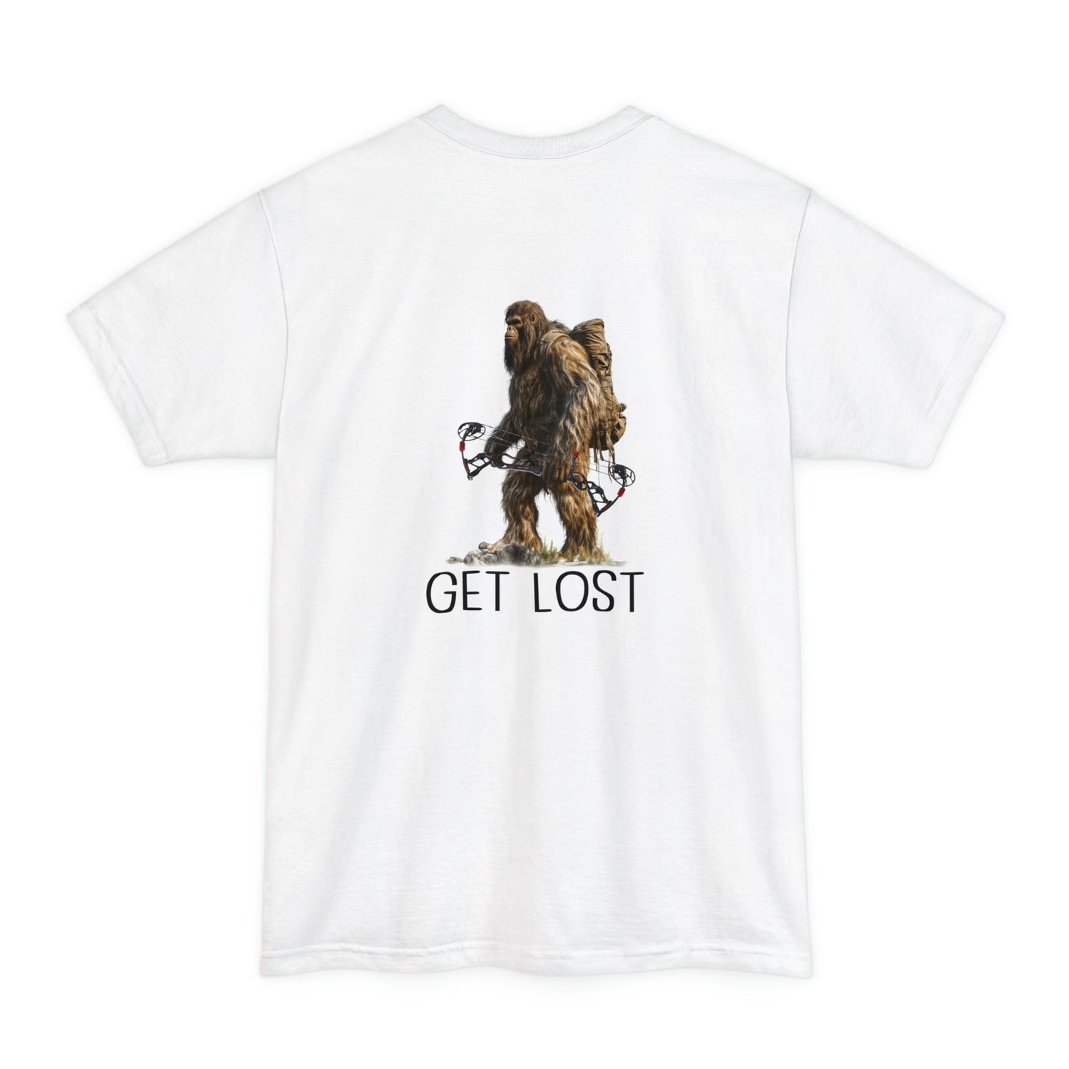 Big and tall bowhunting t-shirt, color white, black design placement