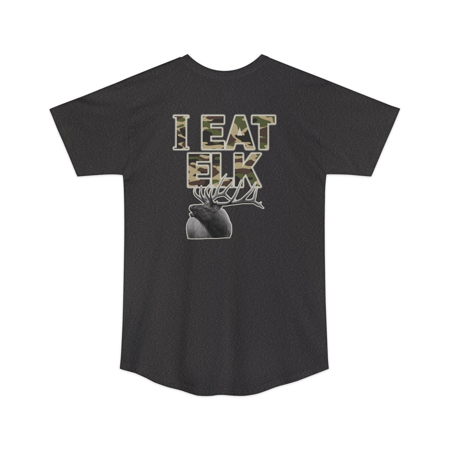 Athletic tall elk hunting t-shirt, color dark grey, back design placement