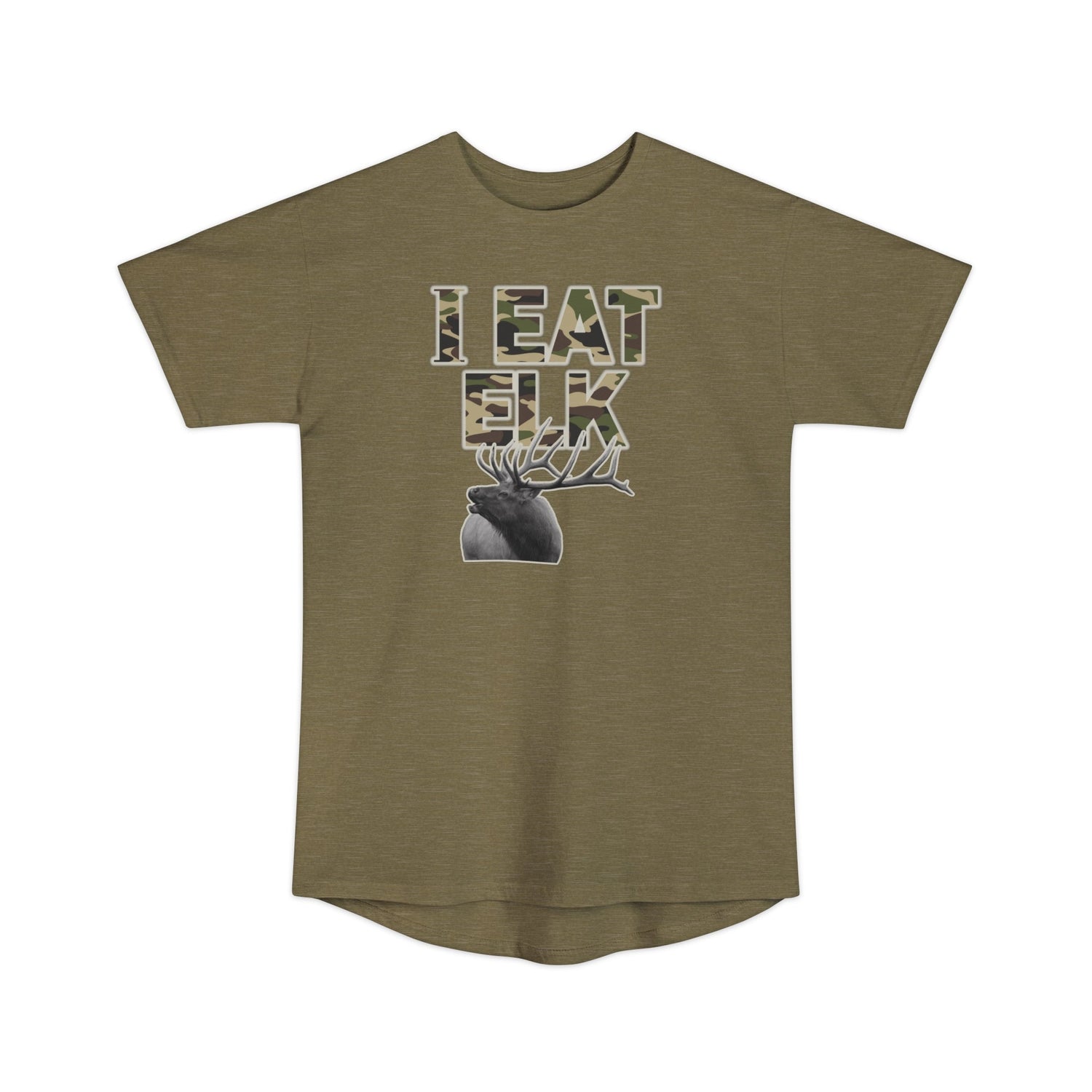 Athletic tall elk hunting t-shirt, color tan, front design placement