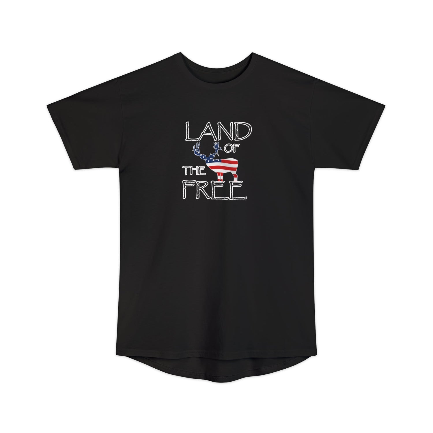 Athletic tall patriotic deer hunting t-shirt, color black, front design placement