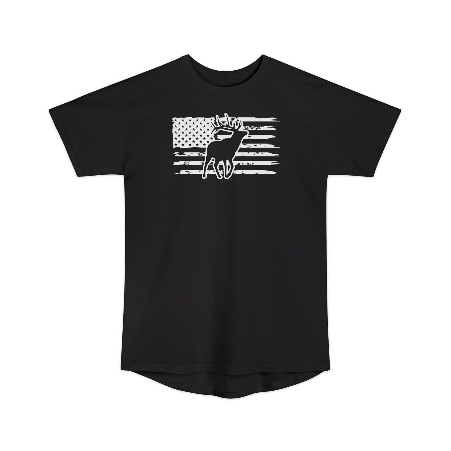 Athletic tall patriotic elk hunting t-shirt, color black, front design placement