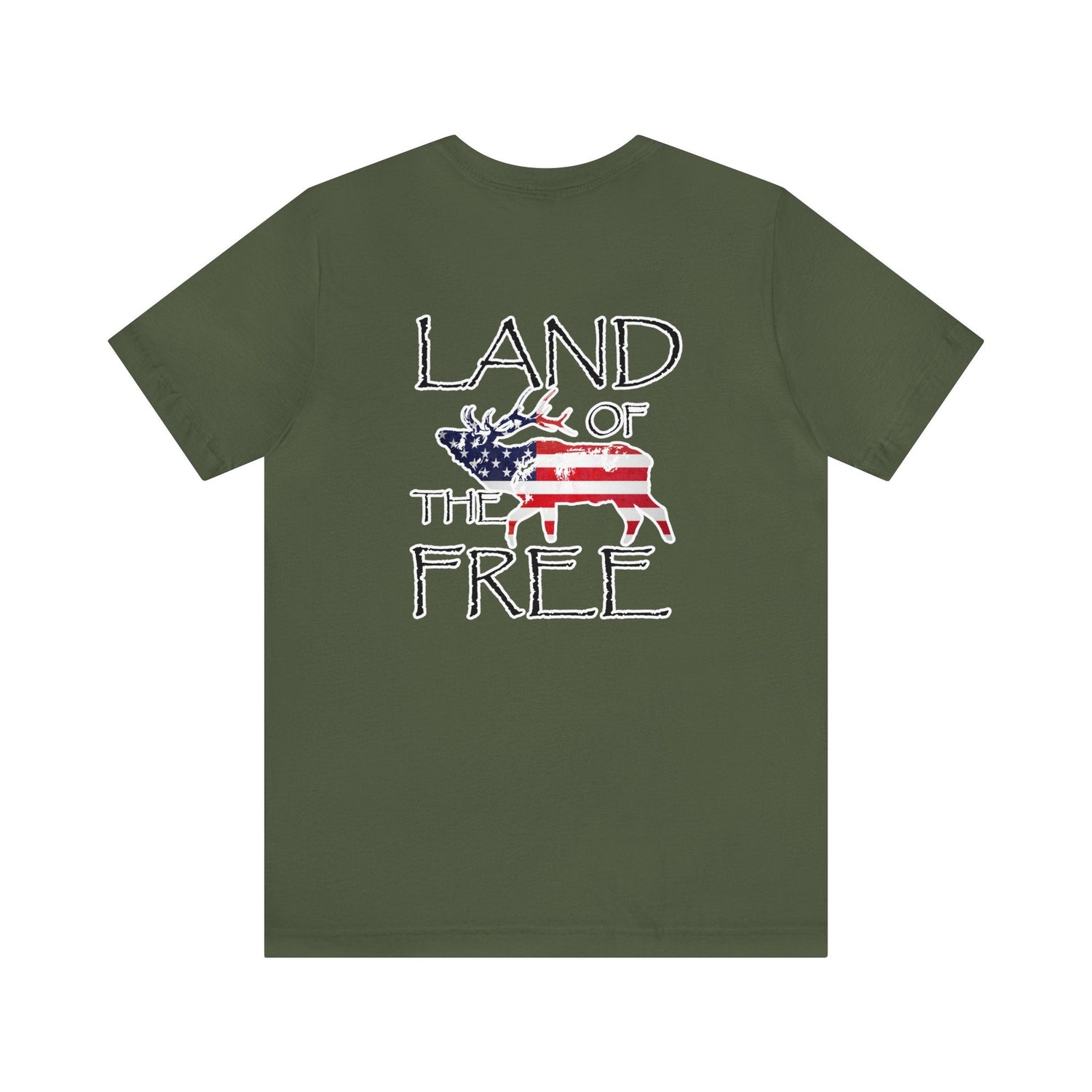 Western elk hunting t-shirt, color military green, back design placement
