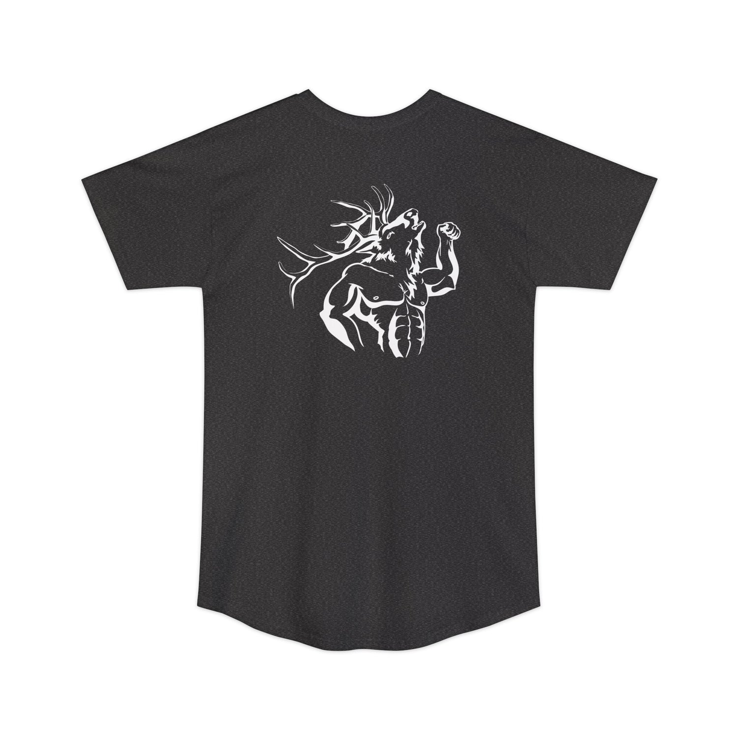 Athletic tall elk hunting t-shirt, color dark grey, back design placement