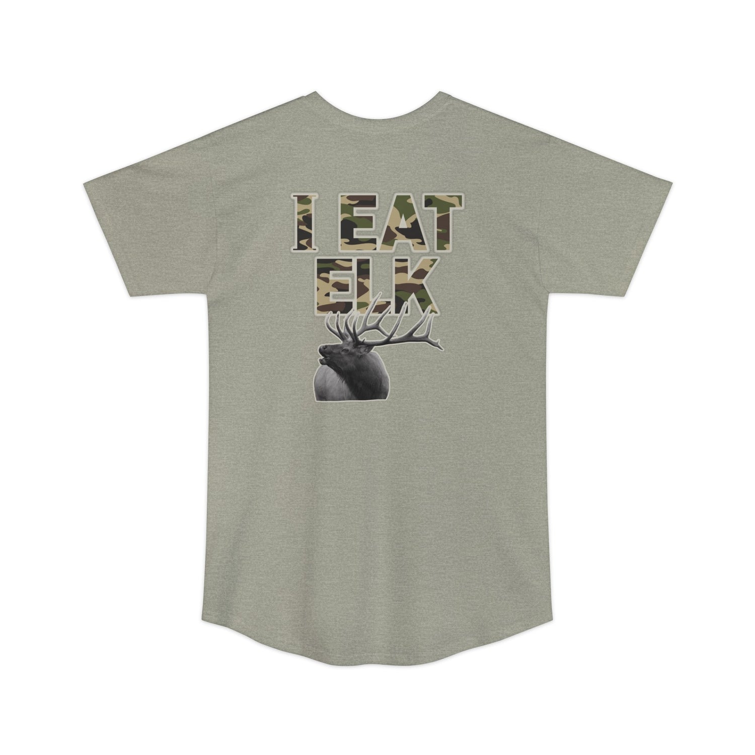 Athletic tall elk hunting t-shirt, color light grey, back design placement