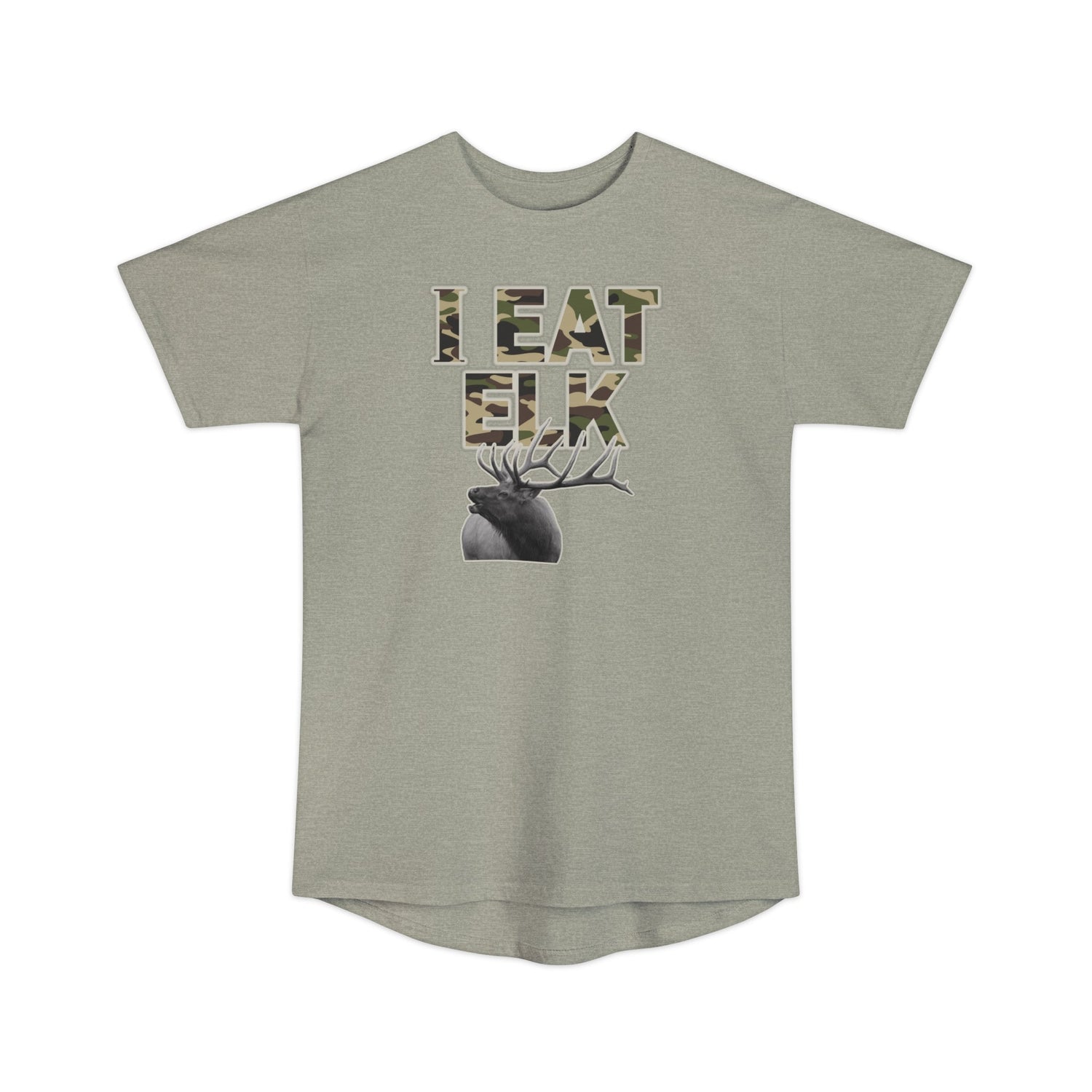 Athletic tall elk hunting t-shirt, color light grey, front design placement