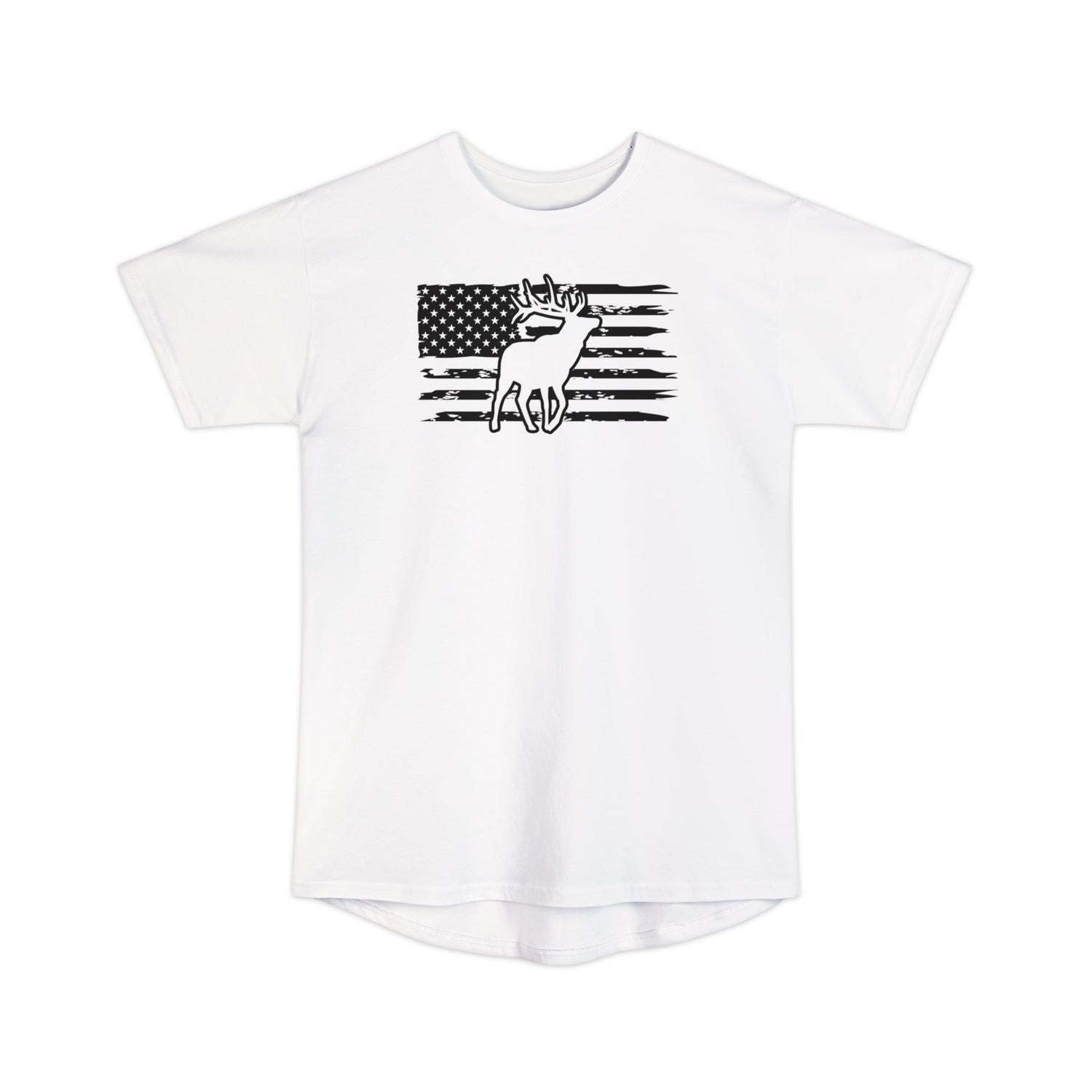 Athletic tall patriotic elk hunting t-shirt, color white, front design placement