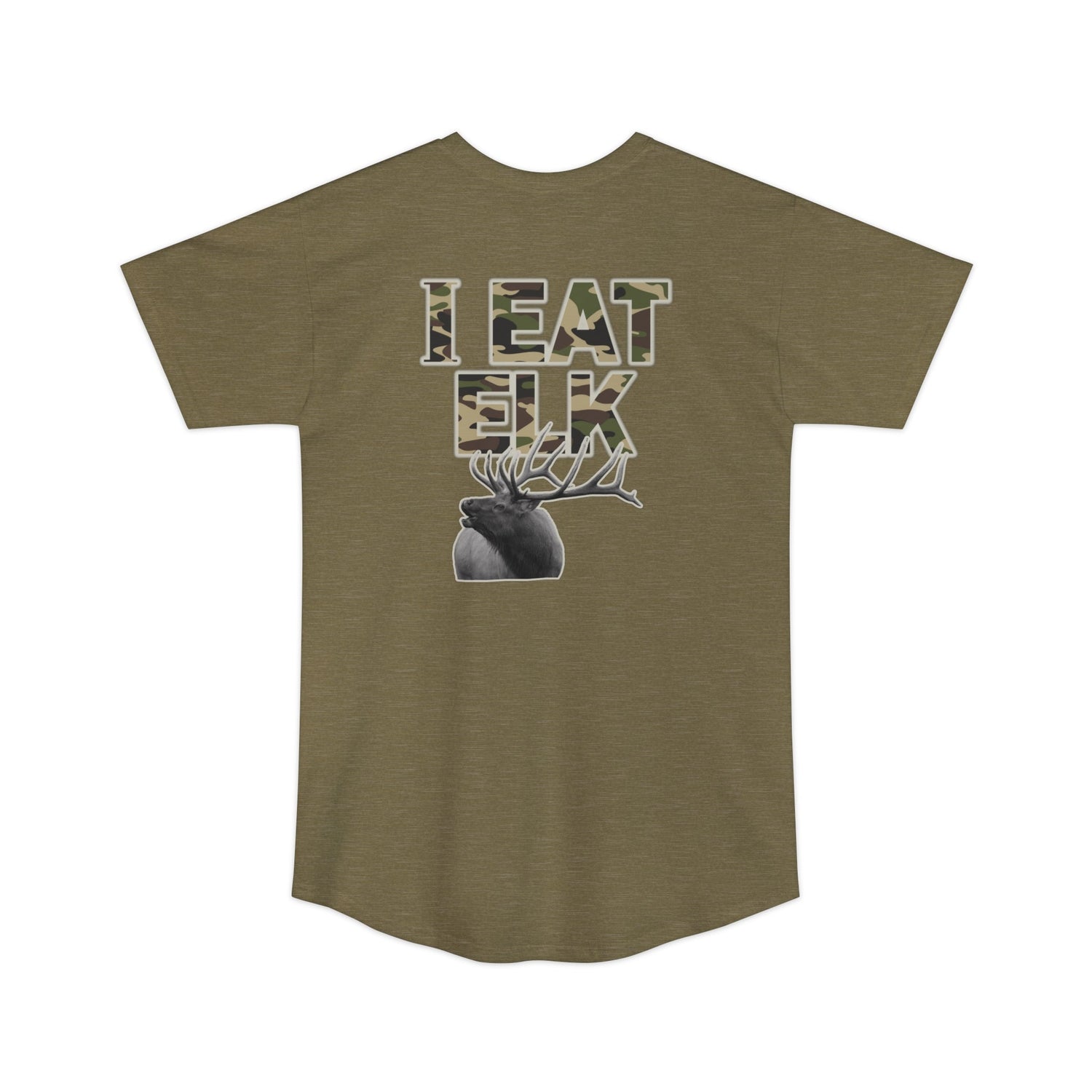Athletic tall elk hunting t-shirt, color tan, back design placement