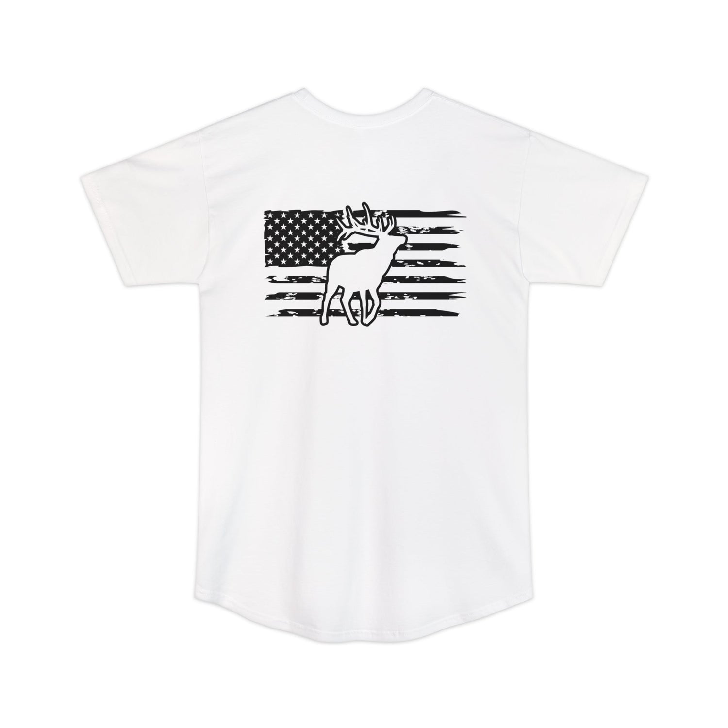 Athletic tall patriotic elk hunting t-shirt, color white, back design placement