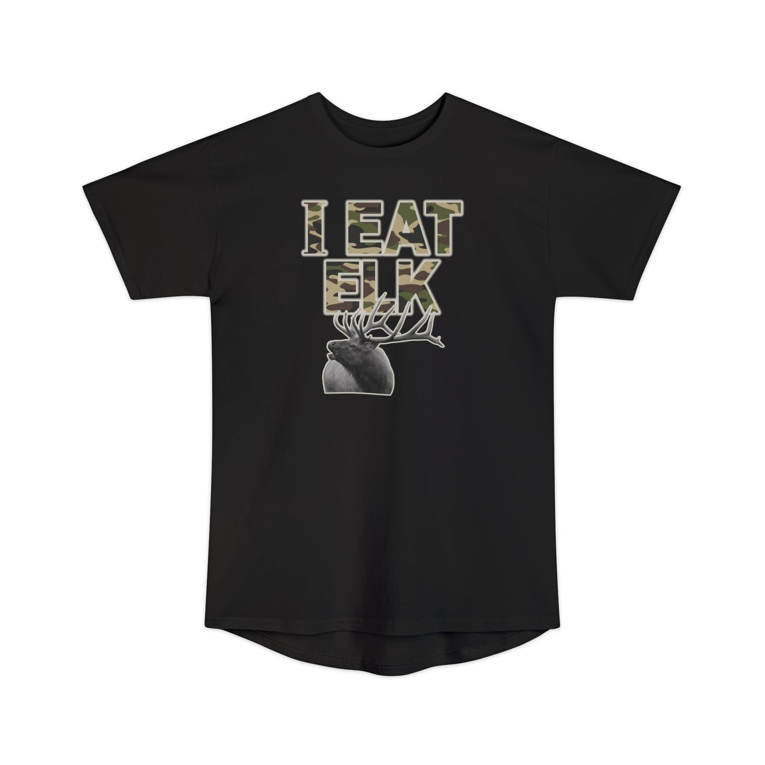 Athletic tall elk hunting t-shirt, color black, front design placement